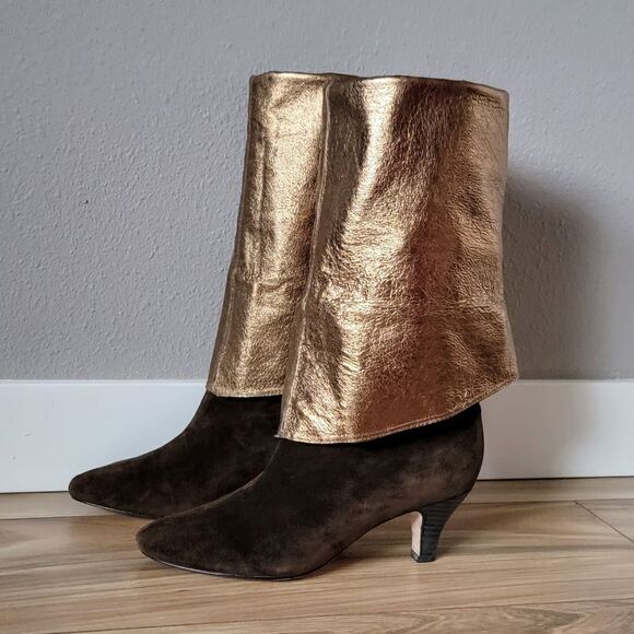 Cynthia Vincent Metallic Suede Leather Over the Knee Boots in Brown & Gold - Picture 1 of 15